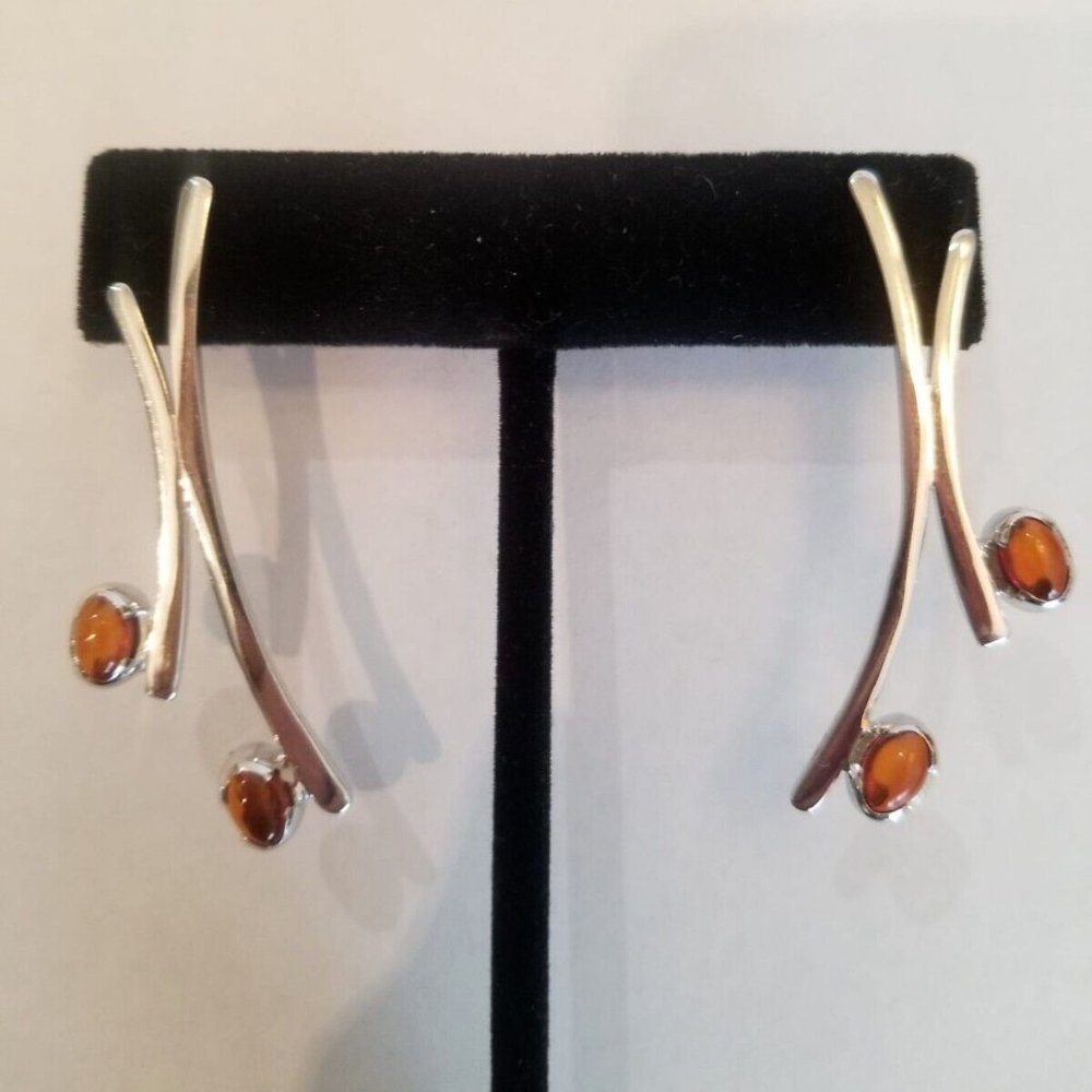 Unique Modern High Shine Non Tarnish 925 Sterling Silver Amber Earrings Jewelry